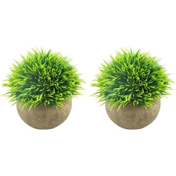Mini Artificial Plants Set of 2 Faux Green Grass in Grey Pots for Home Office De - Picture 1 of 8